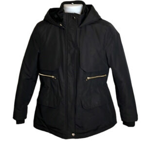 ZARA black coat, size medium, gold tone accents, drawstring waist, like new